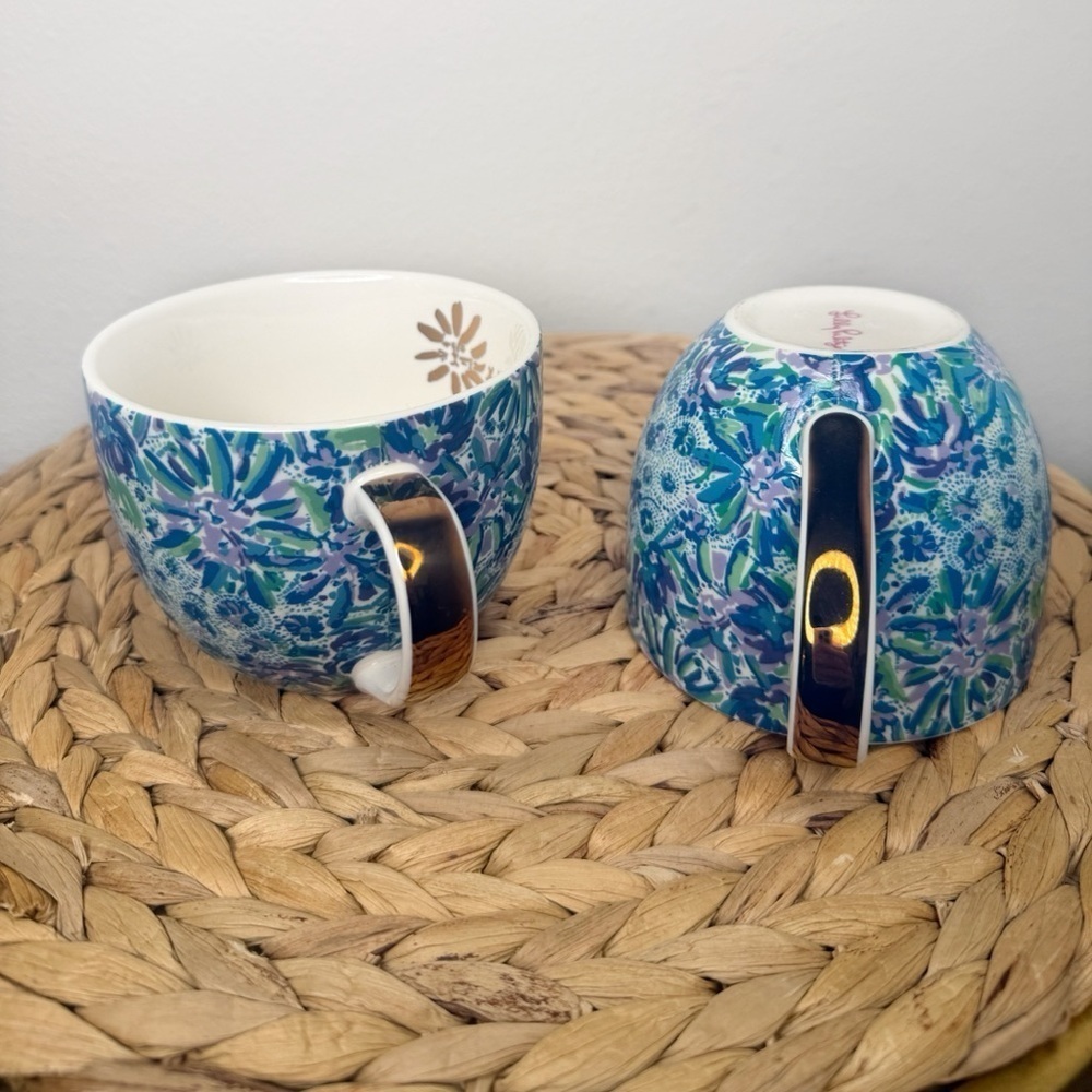 Lilly Pulitzer Coffee Mug set High Maintenance Blue Floral Gold Trim Mugs